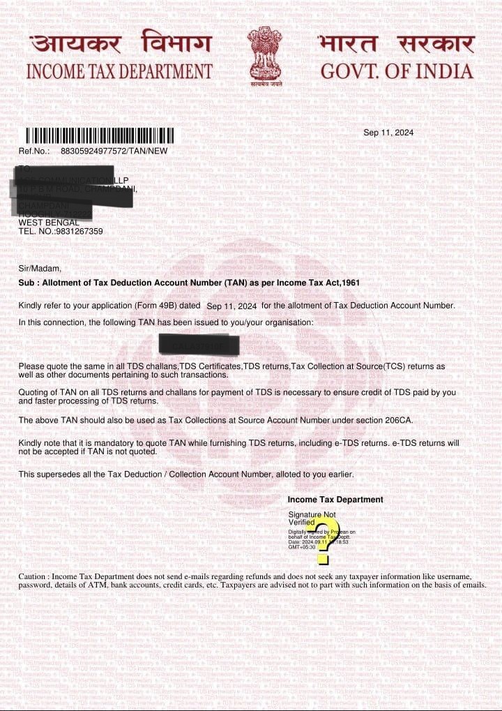 TAN Certificate sample