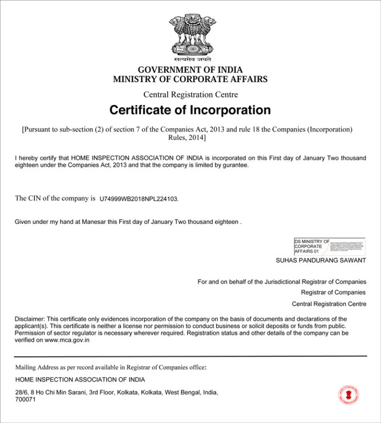 Certificate of Inccorporation sample