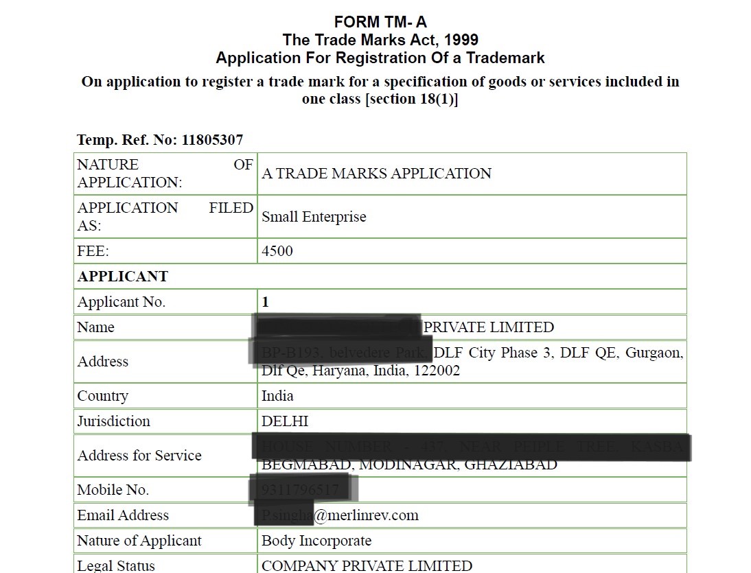 Trademark application form sample